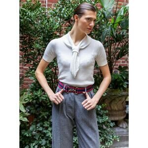 Cathcart London Sailor Top Blouse Ribbed Bow Tie Neck 6 White Cotton Silk